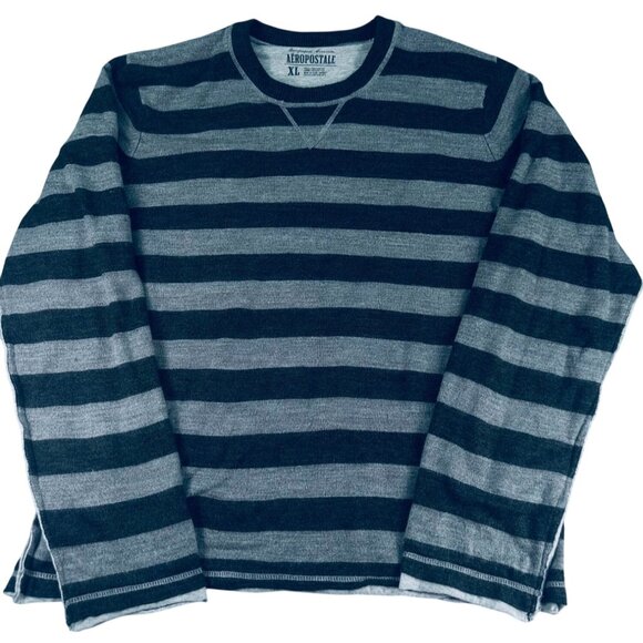 Aeropostale XL Mens Gray & Black Striped Long Sleeve Crewneck Sweater - Picture 1 of 6